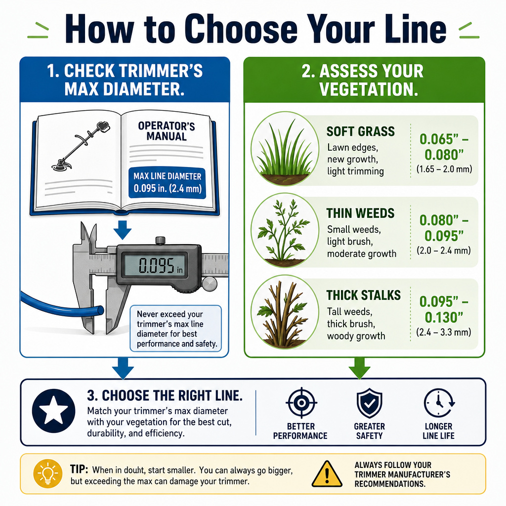 Infographic flowchart for choosing trimmer line diameter and shape based on vegetation.