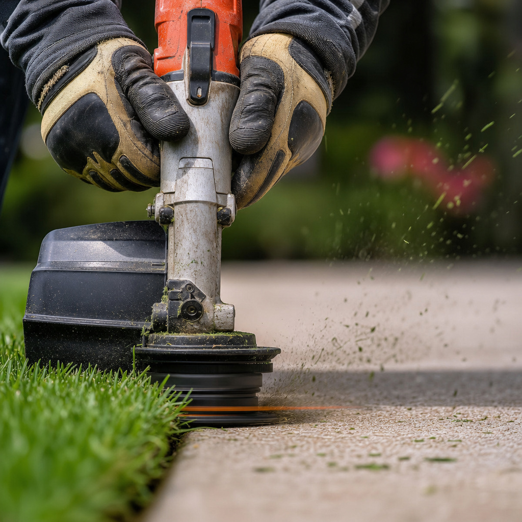 Close-up of a string trimmer held vertically to edge a lawn against concrete.