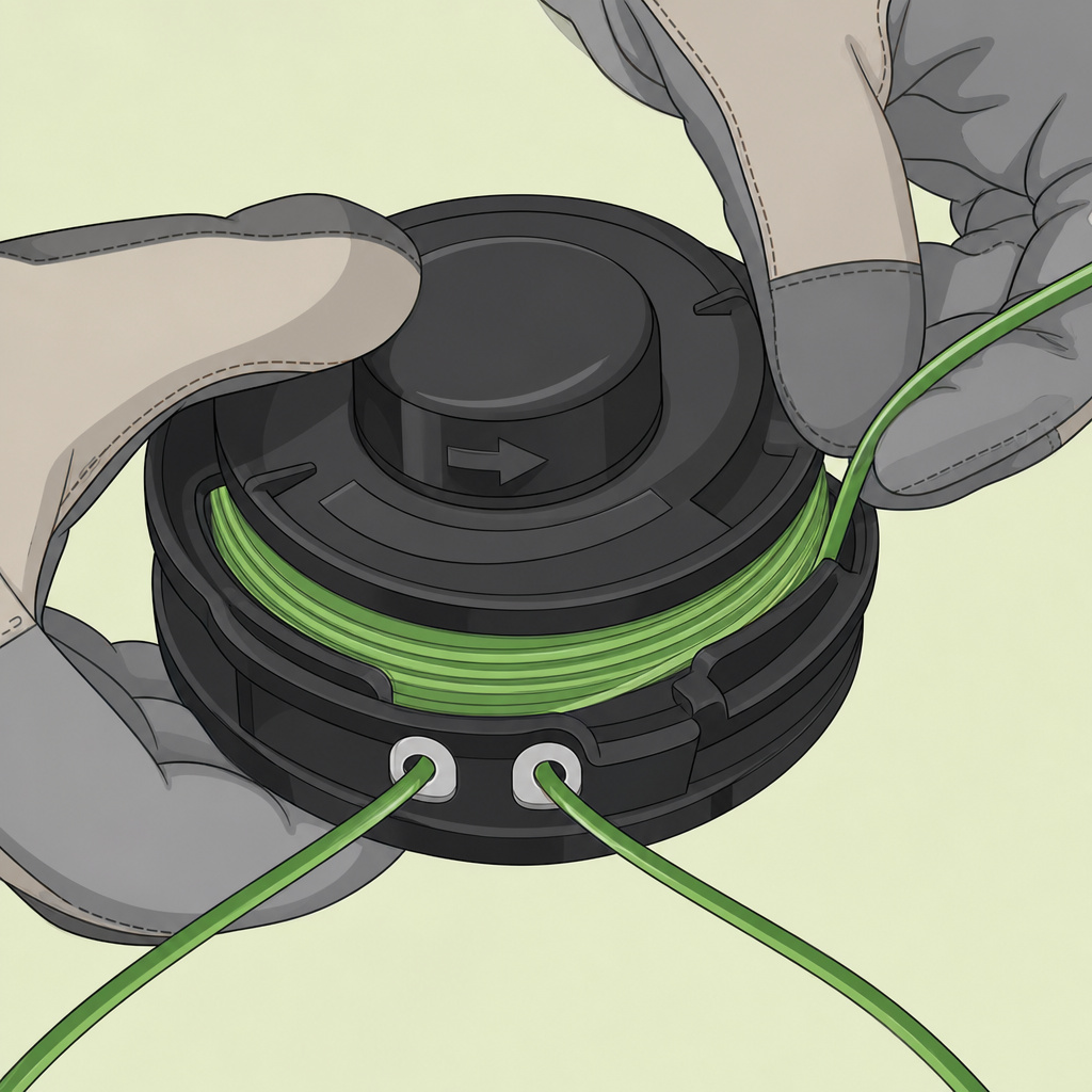 Close-up of hands winding line onto a manual bump-feed string trimmer spool.