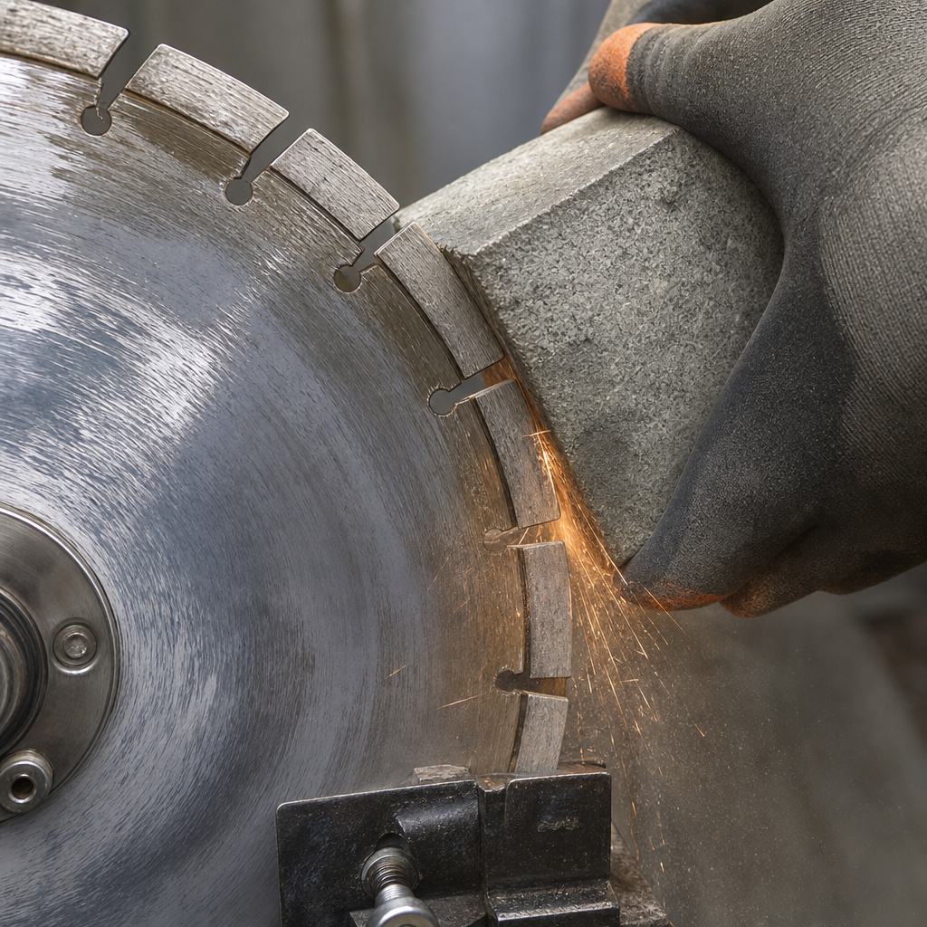 Dressing a glazed diamond blade on a workbench with a concrete block.