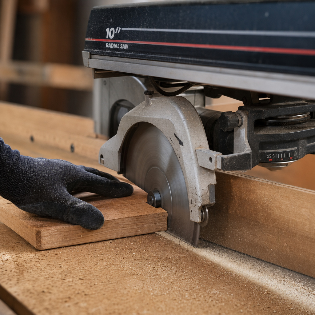 Radial arm saw making a crosscut on a board held against the fence.