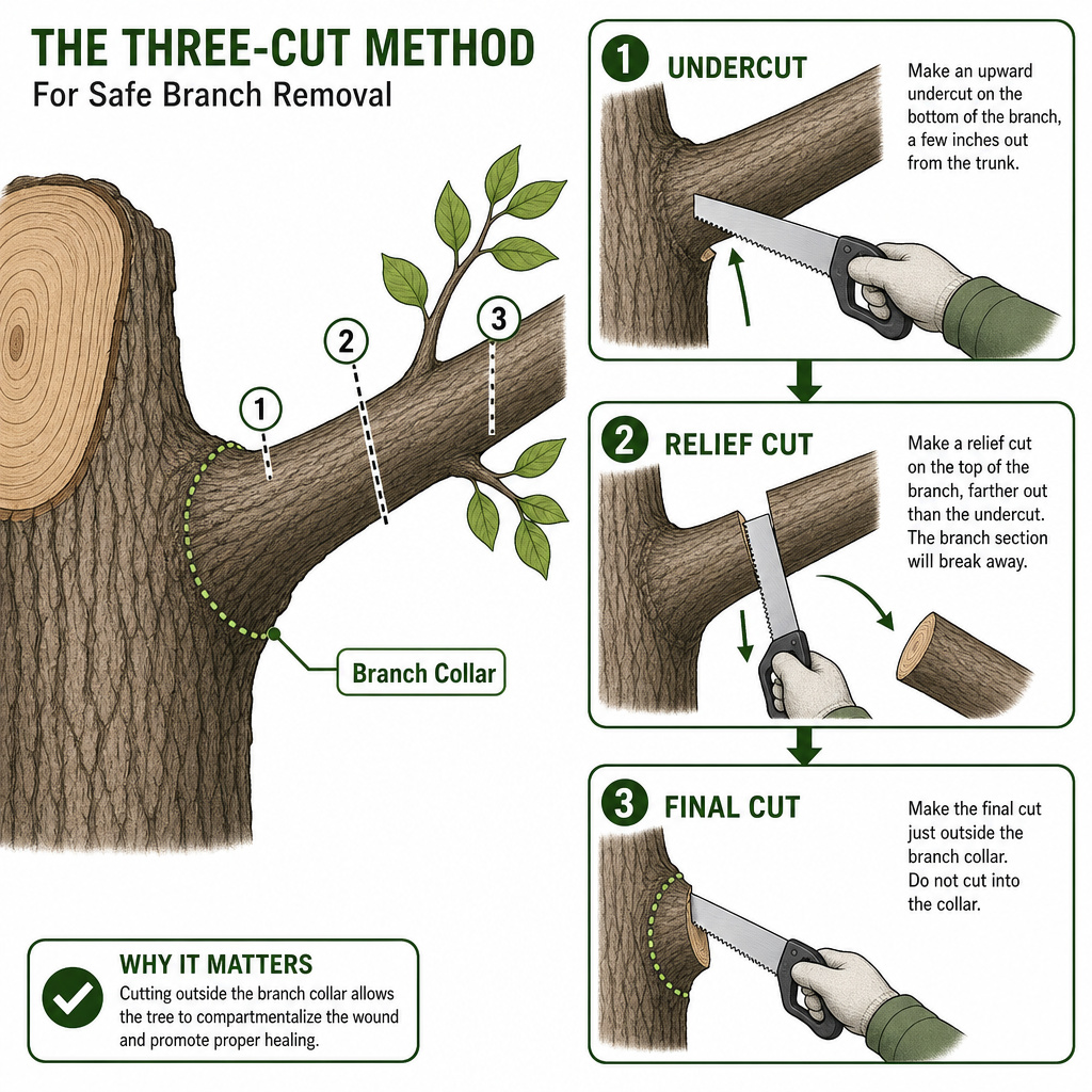 Diagram illustrating the three-cut tree trimming method for large branches.