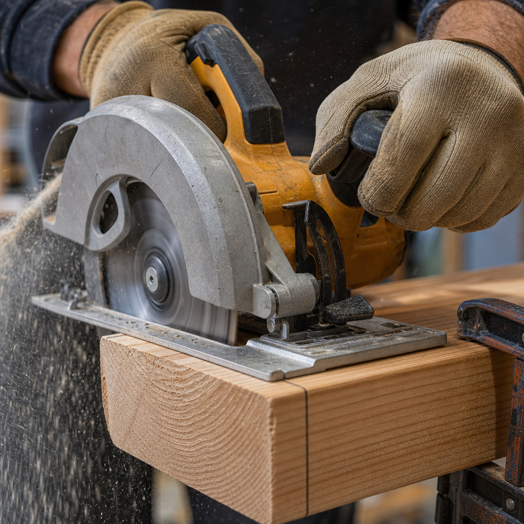 Close-up of a circular saw making a straight cut on a clamped wooden board.