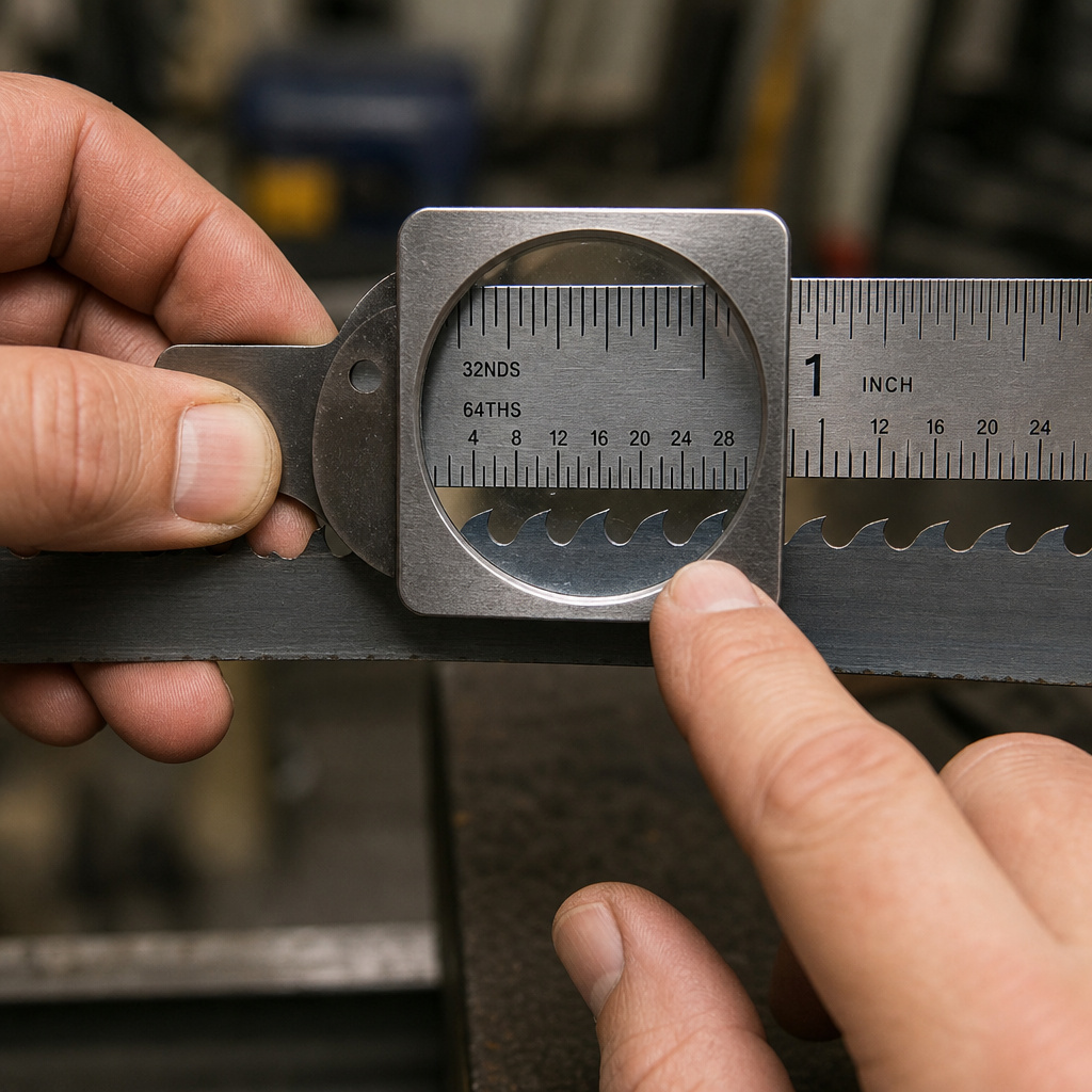 Close-up of measuring band saw blade TPI with a magnifying ruler.