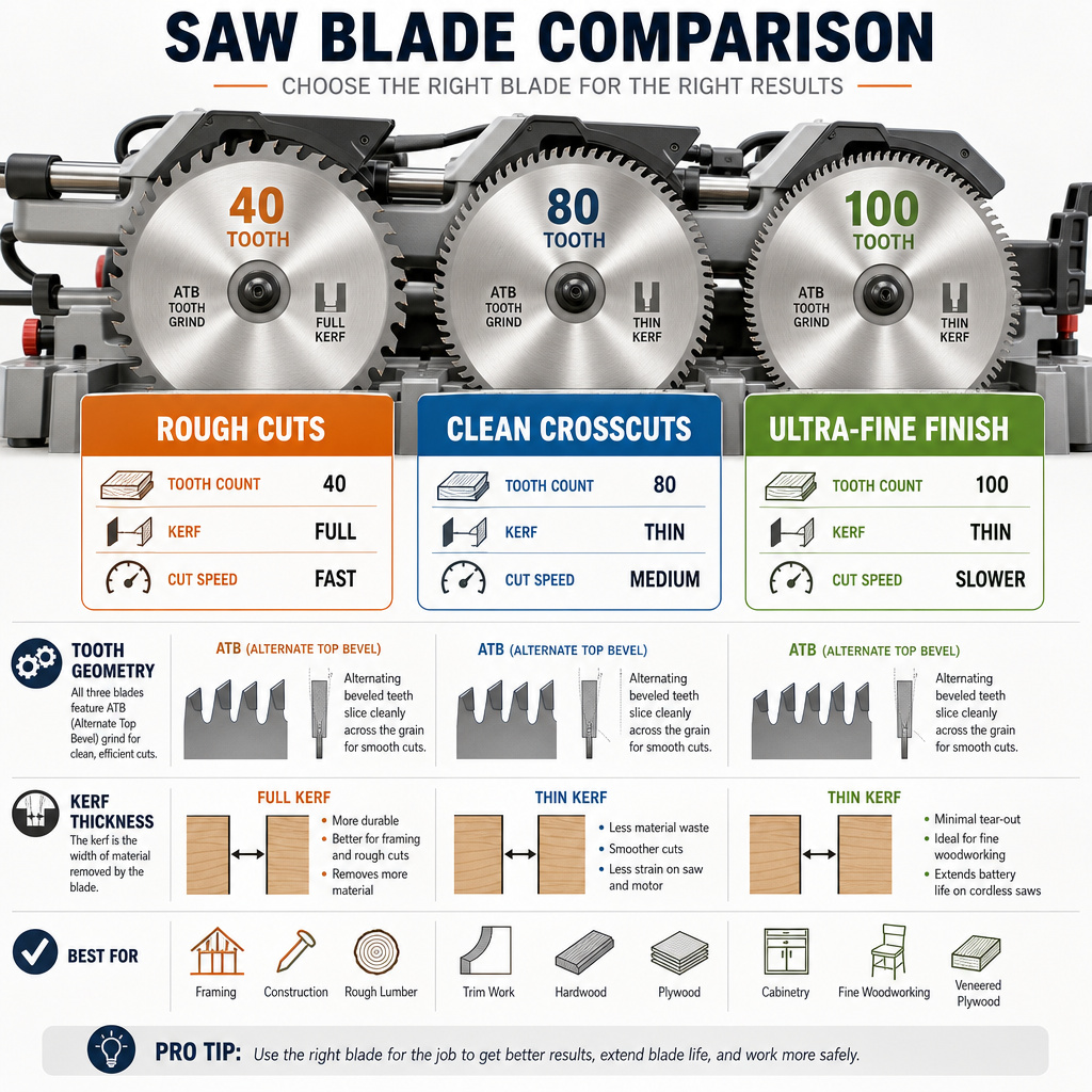 Infographic comparing saw blade tooth count, geometry, and kerf for a miter saw.