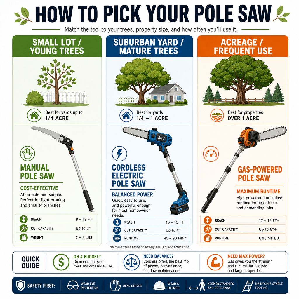 Infographic comparing manual, electric, and gas pole saws for different property sizes.