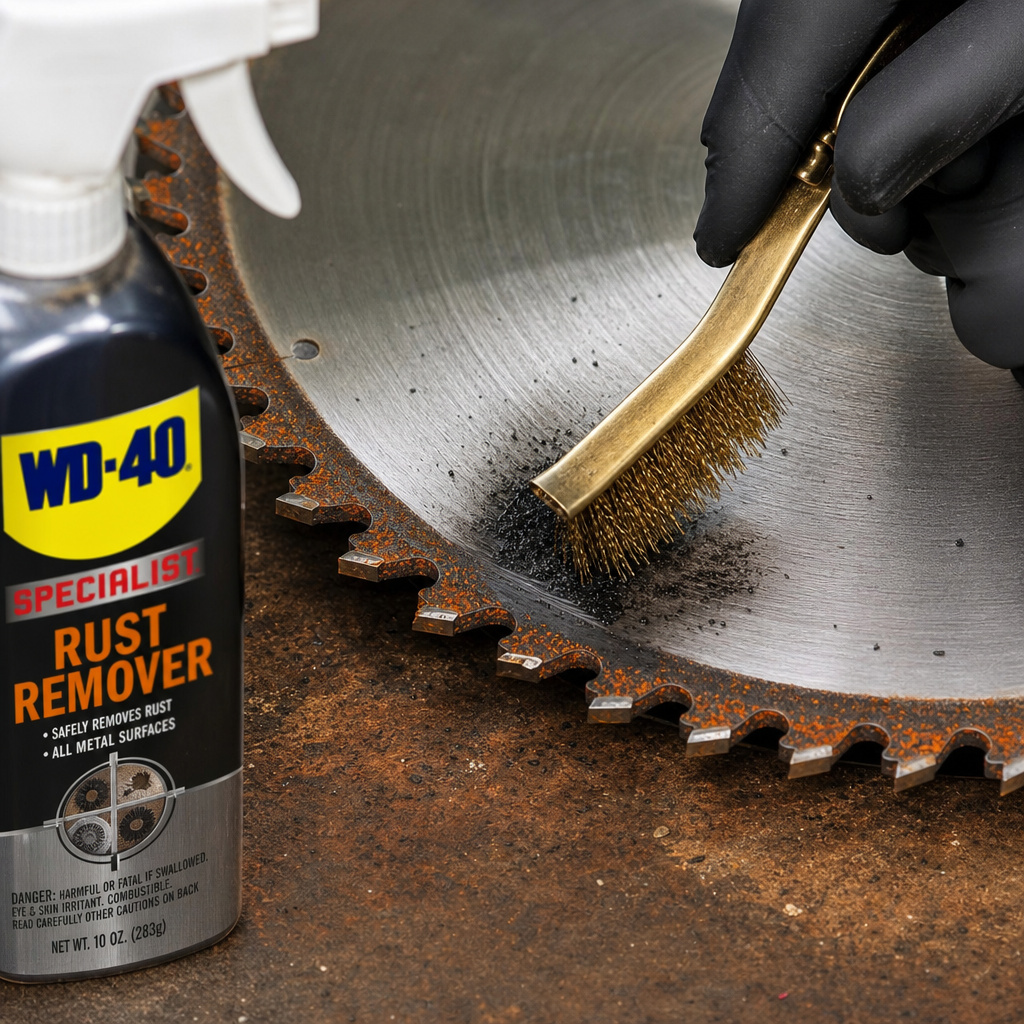 Removing rust from a saw blade with brass brush and rust dissolver spray.