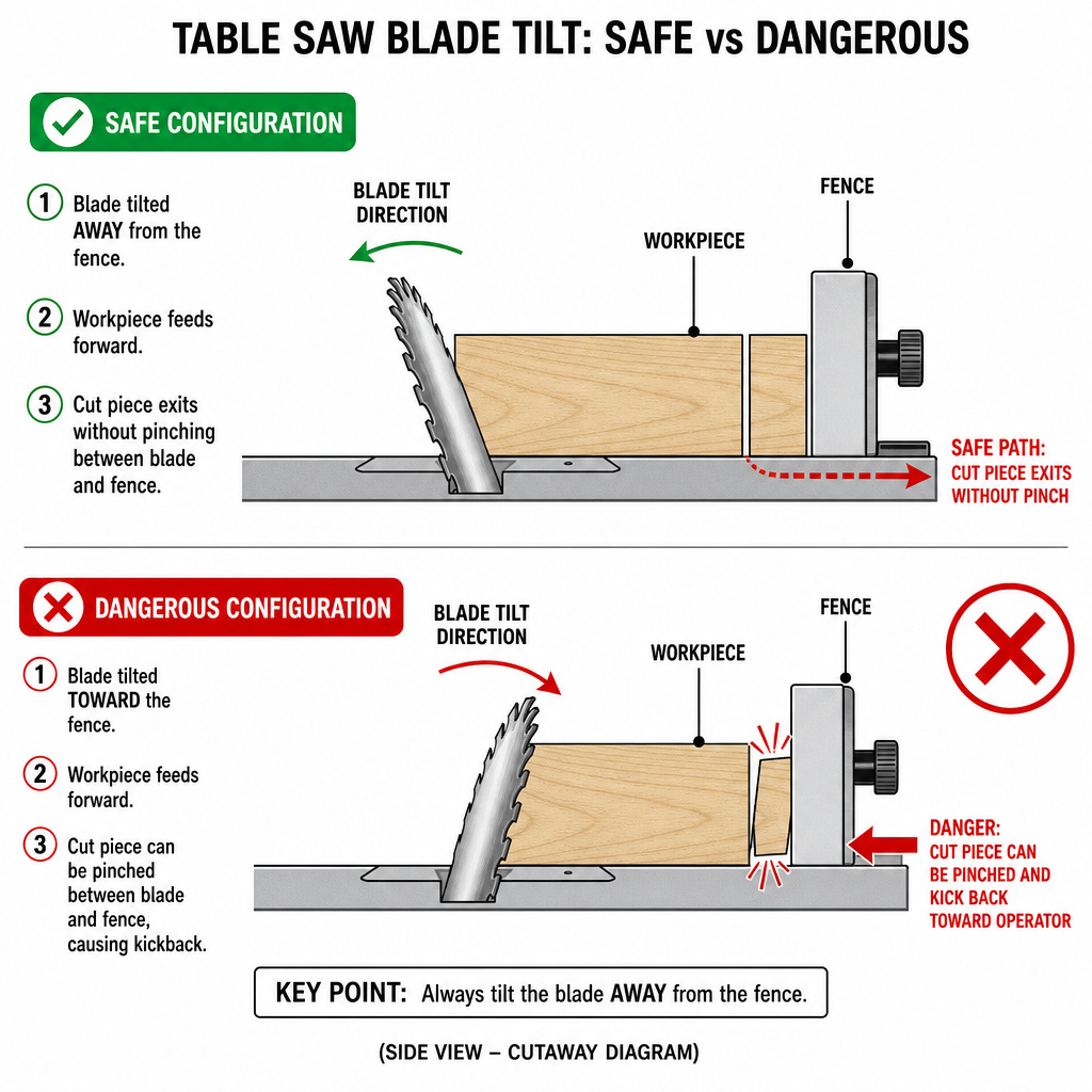 Diagram showing correct table saw blade tilt direction for safe bevel cuts.