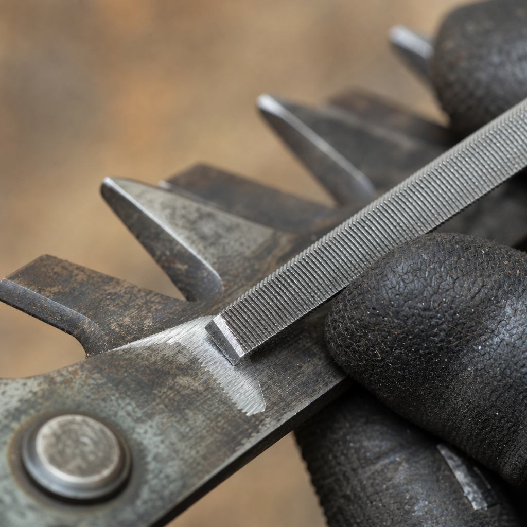Close-up of hand filing a single hedge trimmer blade tooth with a triangular file.