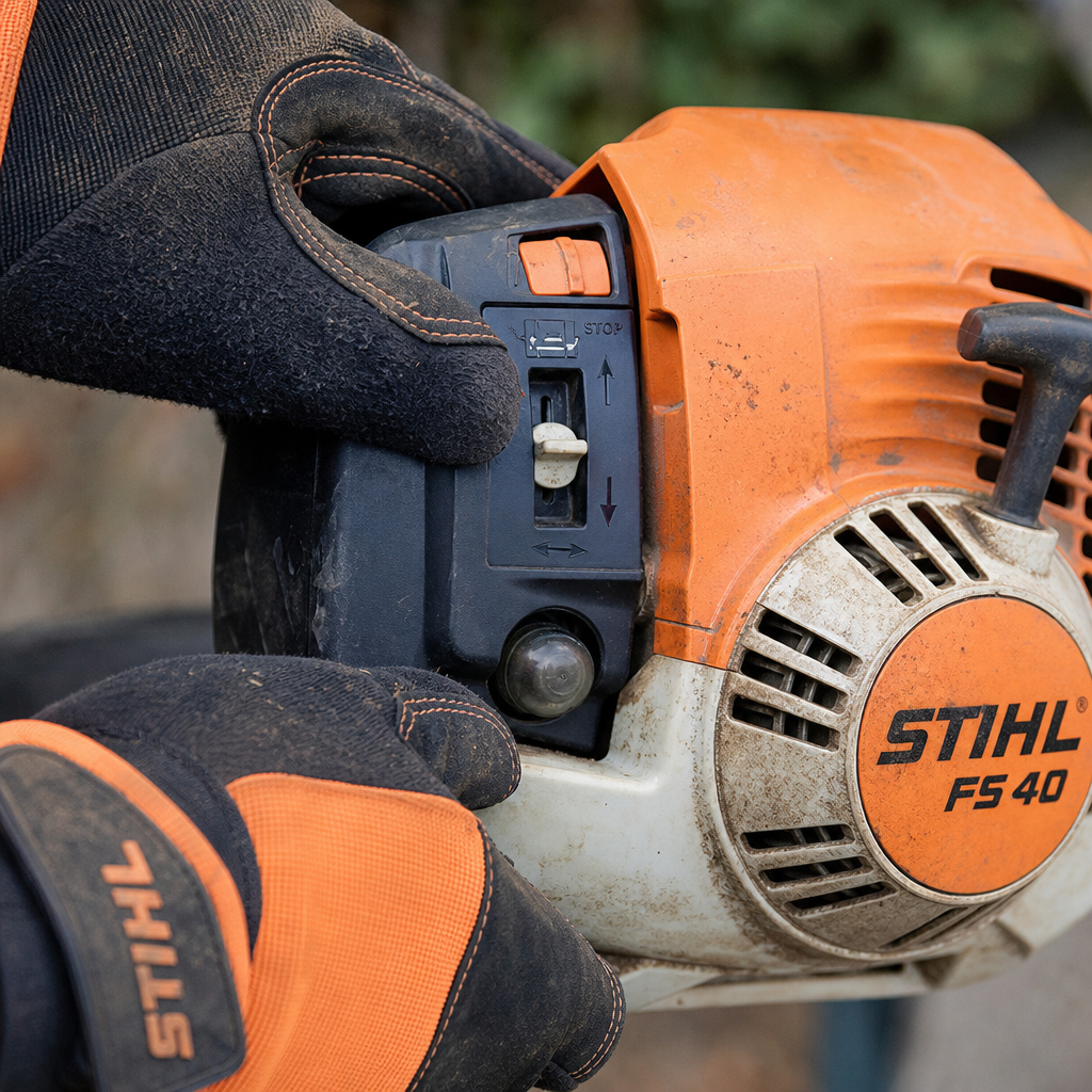 Close-up of STIHL trimmer controls set for a warm start, no priming.