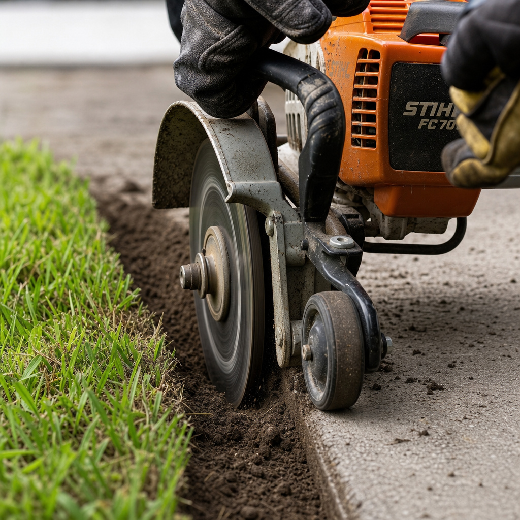 Close-up of a power edger blade creating a sharp lawn edge.