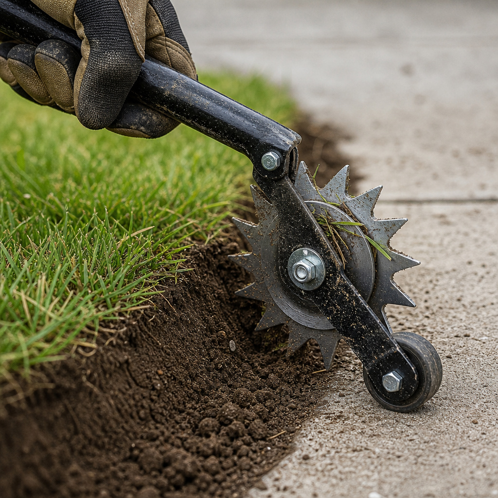 Close-up of a manual rotary grass edger wheel cutting a clean edge against a sidewalk.
