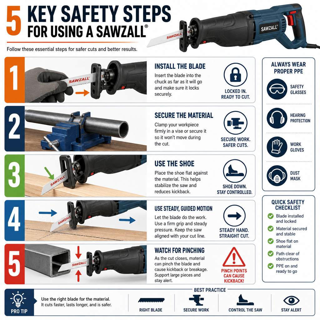 Infographic showing five essential Sawzall safety and operation steps.