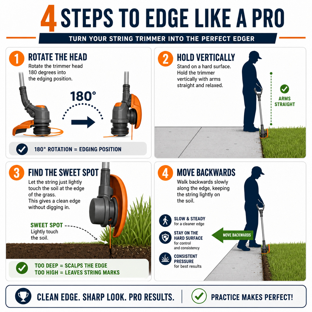 Infographic showing four steps to edge a lawn using a string trimmer.