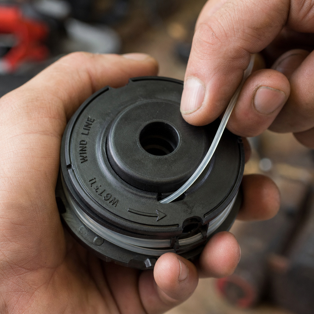 Close-up of winding trimmer line onto an automatic-feed spool cartridge.