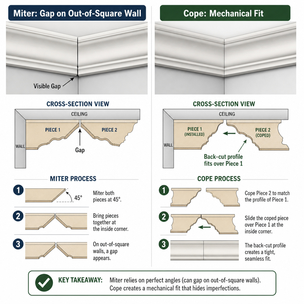Diagram comparing mitered versus coped crown molding joints for inside corners.