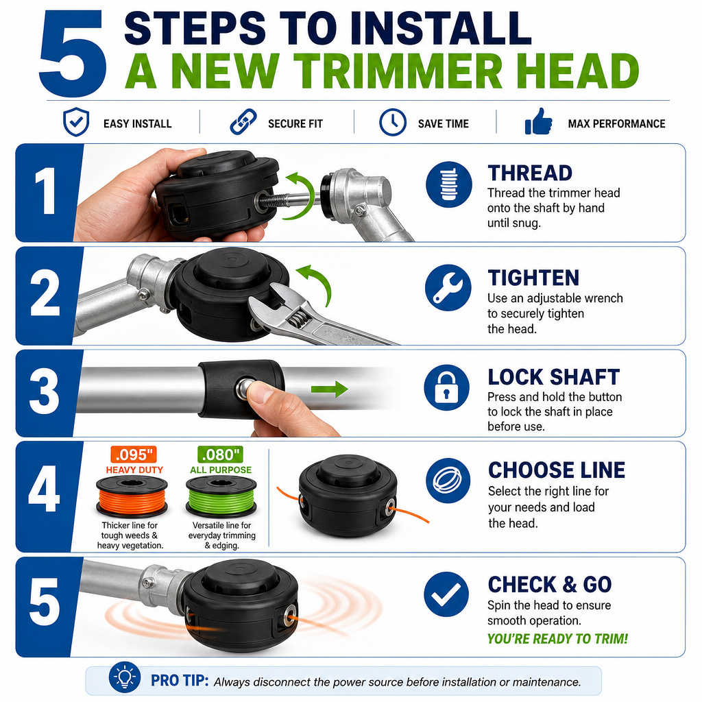 Five-step infographic for installing a new Ryobi string trimmer head.