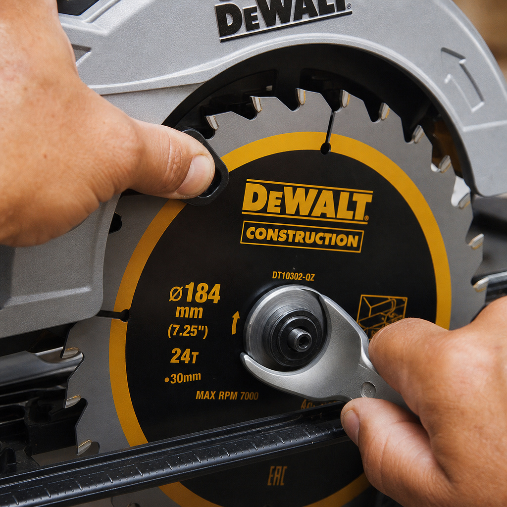 Close-up of hands tightening arbor nut on a new circular saw blade