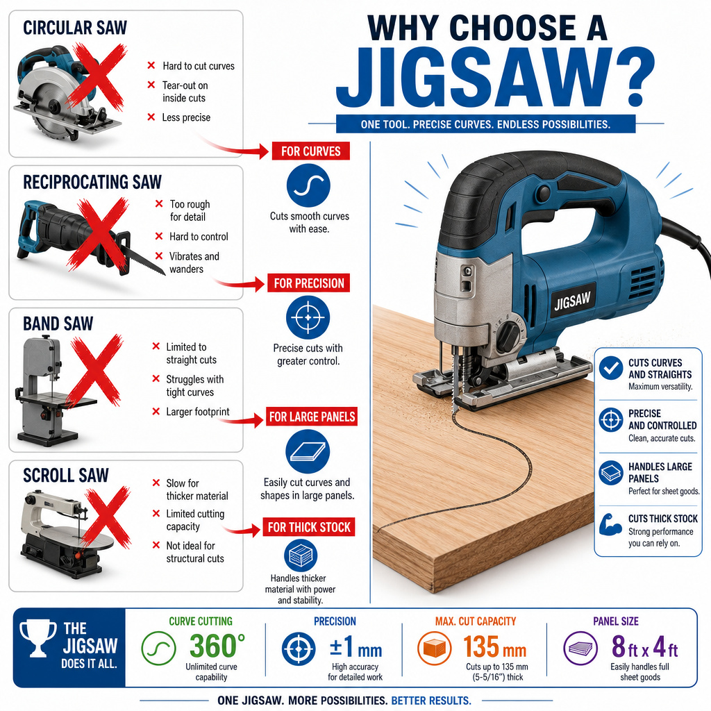 Jigsaw comparison infographic showing its advantages over circular and reciprocating saws.
