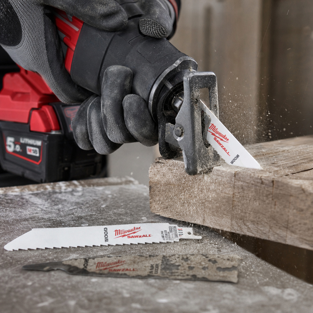 Close-up of a Sawzall in use, showing adjustable shoe and blade change.