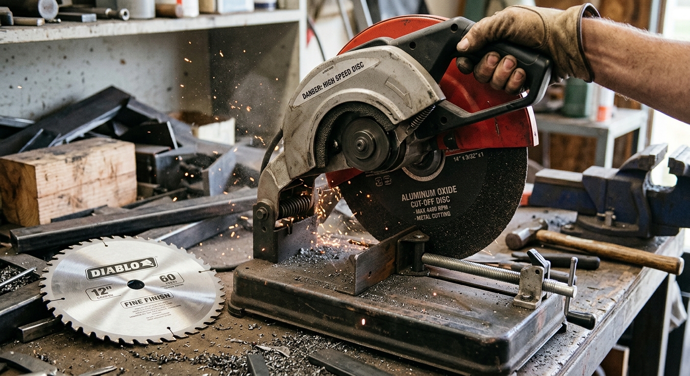 Chop saw abrasive blade versus toothed wood blade close-up comparison