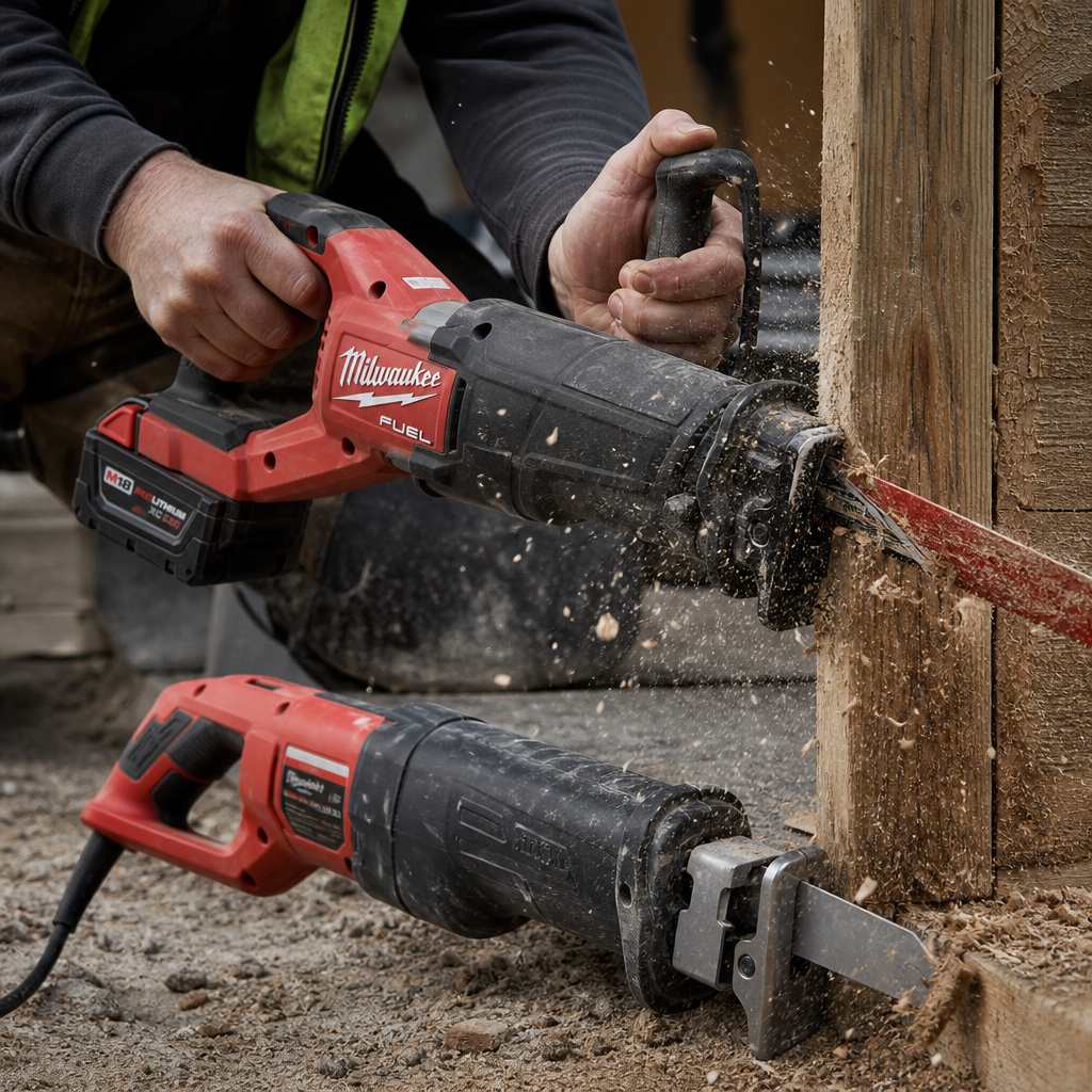 Hands using a reciprocating saw's variable speed trigger on wood demolition