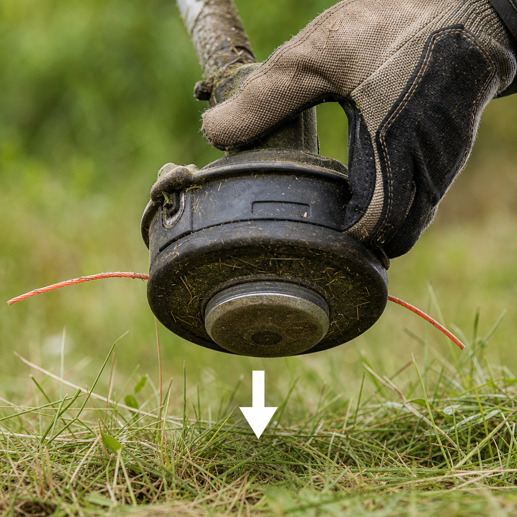 Close-up of a bump-feed trimmer head being tapped to advance the cutting line.
