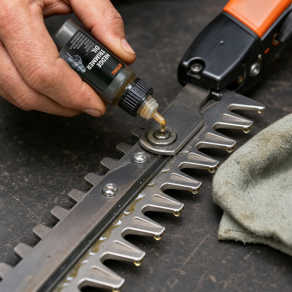Lubricating trimmer blade pivot point with oil after cleaning.