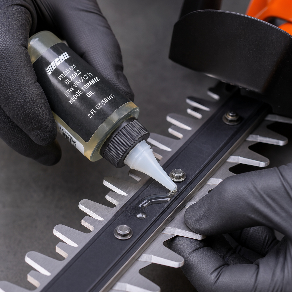 Applying lubrication oil to a clean hedge trimmer blade