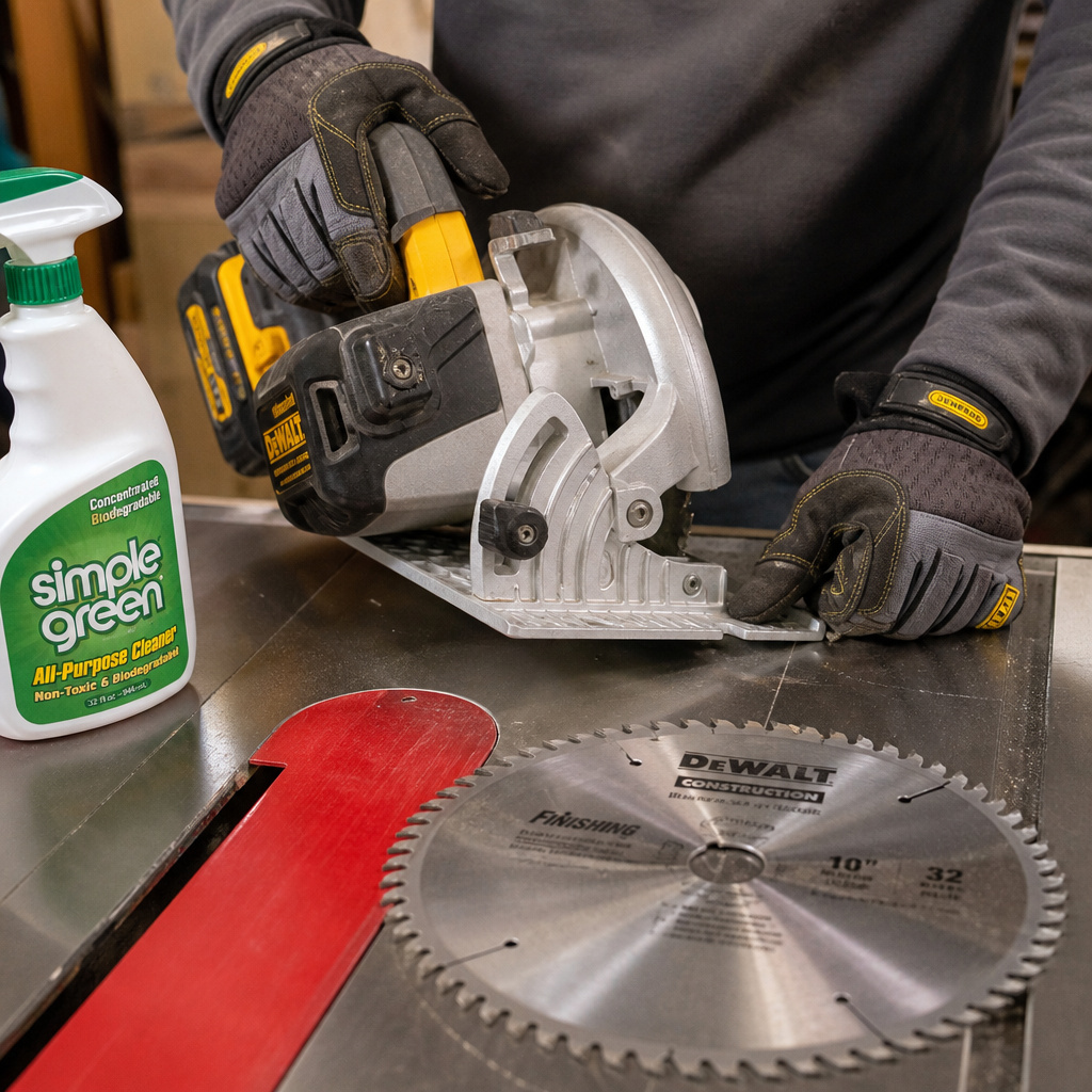 Checking circular saw shoe alignment on a flat table for straight cuts