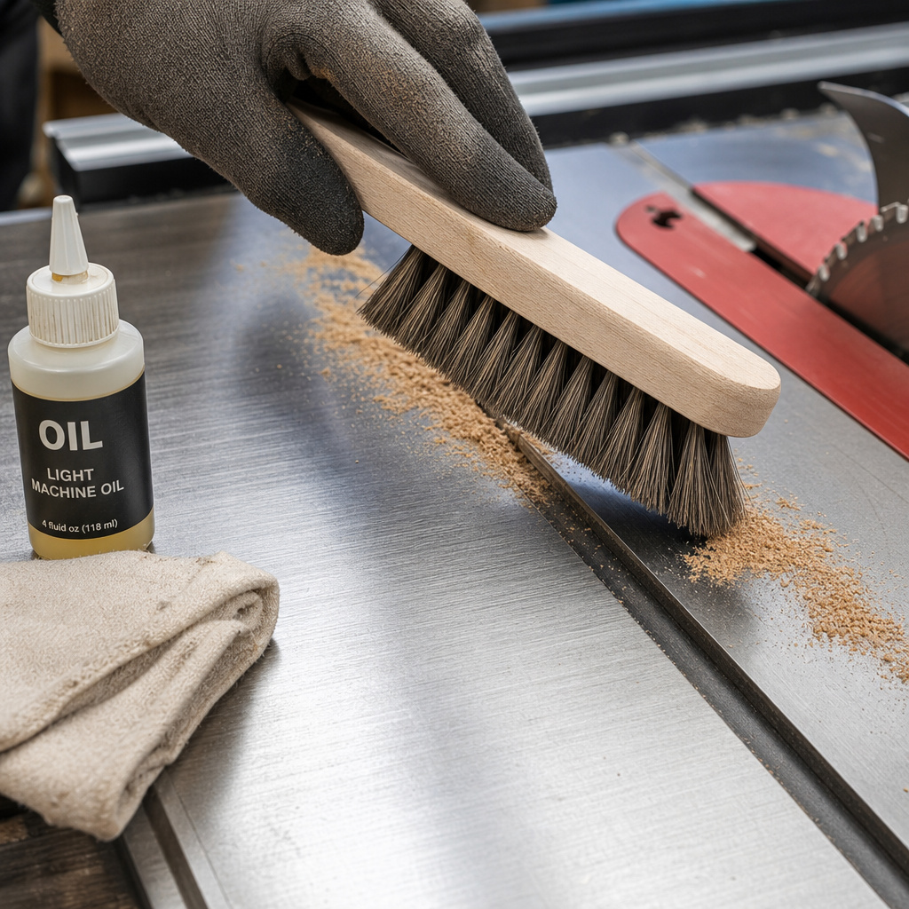 Close-up of cleaning and oiling a table saw table for maintenance and safety.