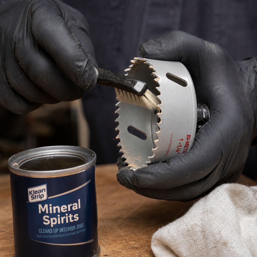 Close-up of cleaning a hole saw's teeth with a brush after use.