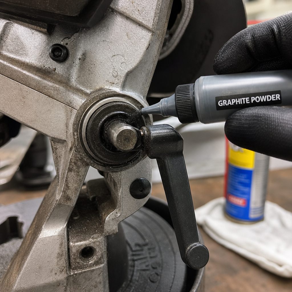 Applying dry lubricant to a chop saw lock for smooth maintenance.