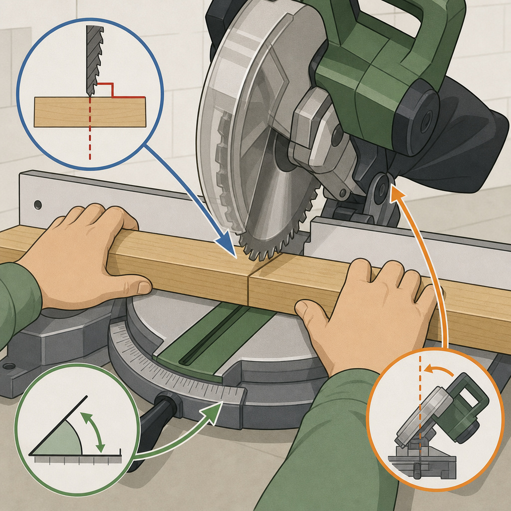 Close-up illustration of crosscut, miter, and bevel angles on a miter saw.