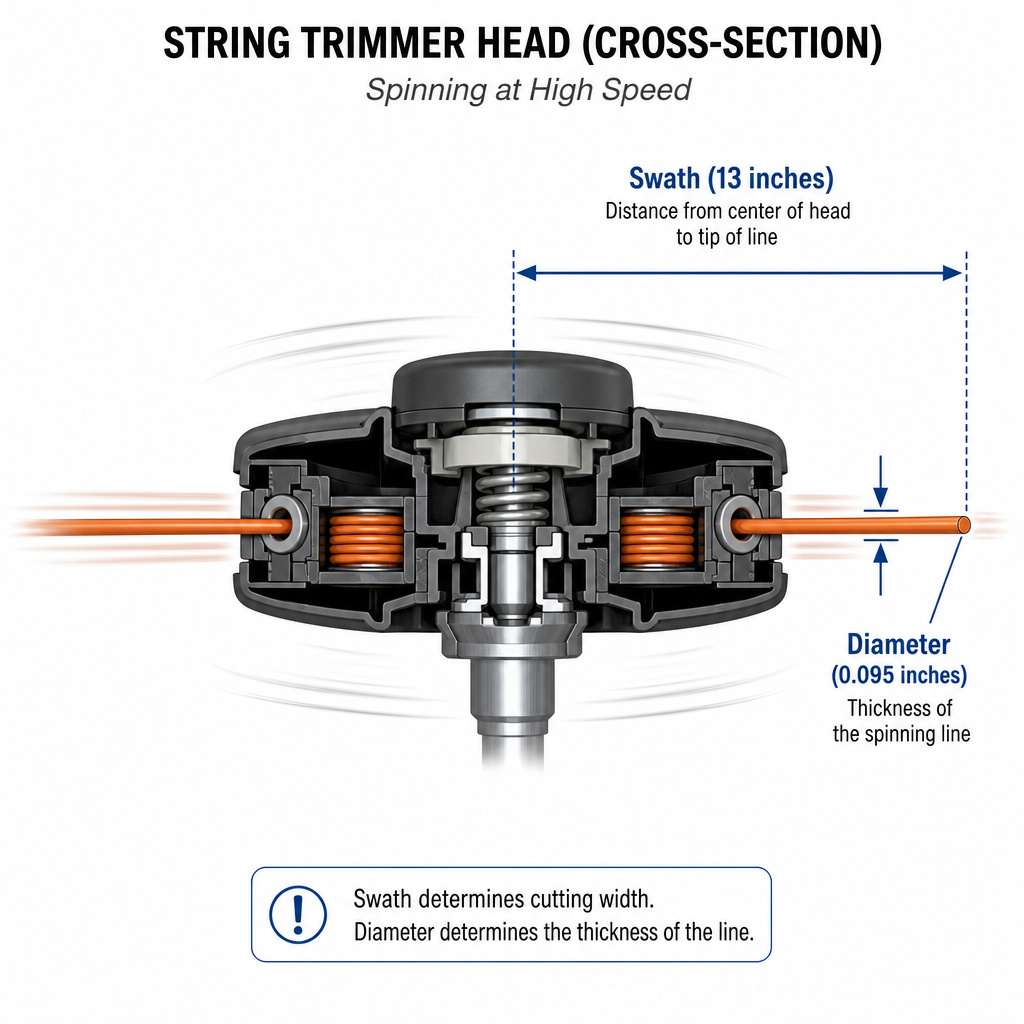 Diagram showing string trimmer swath width versus line diameter relationship.