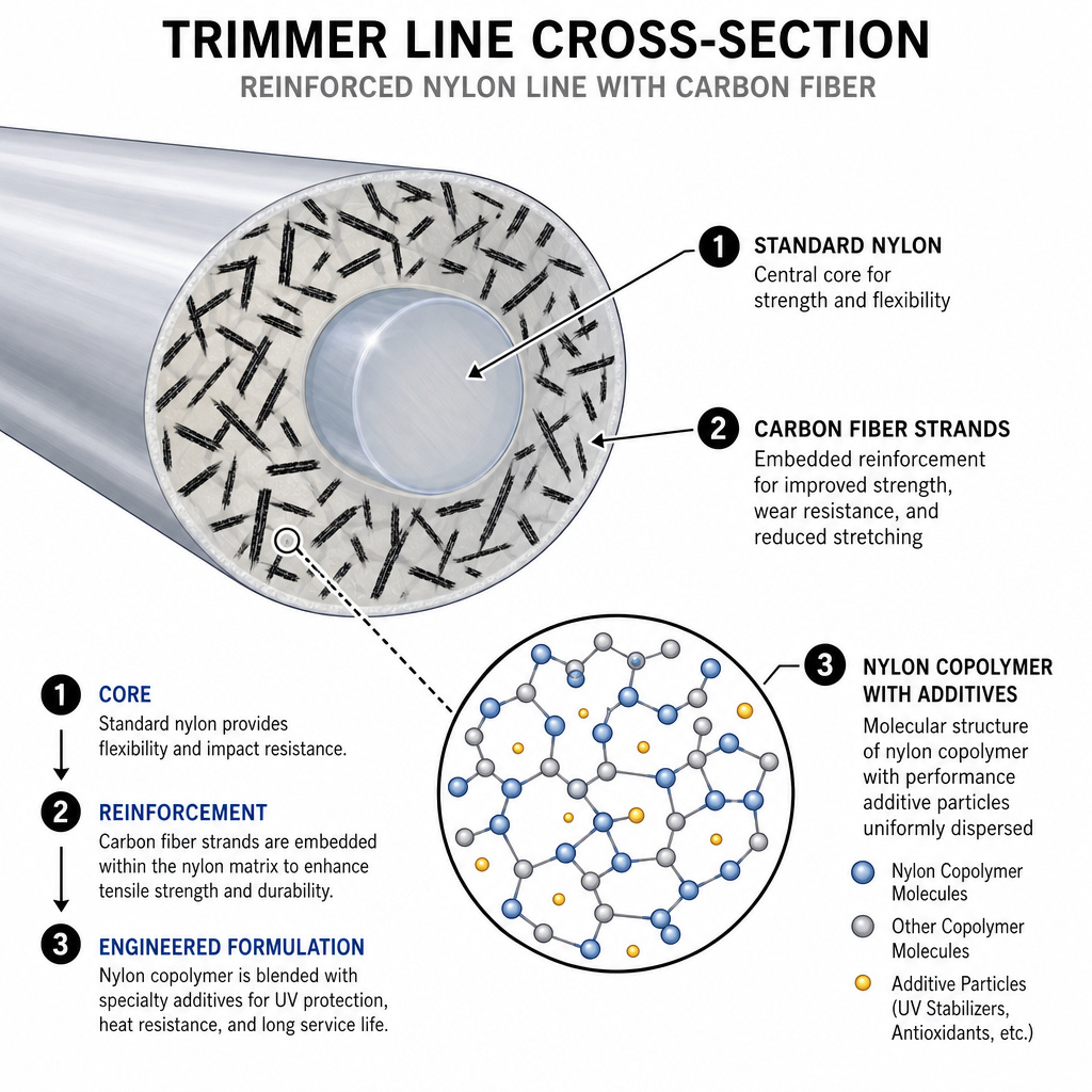 Diagram of trimmer line construction showing nylon core and carbon fiber reinforcement.