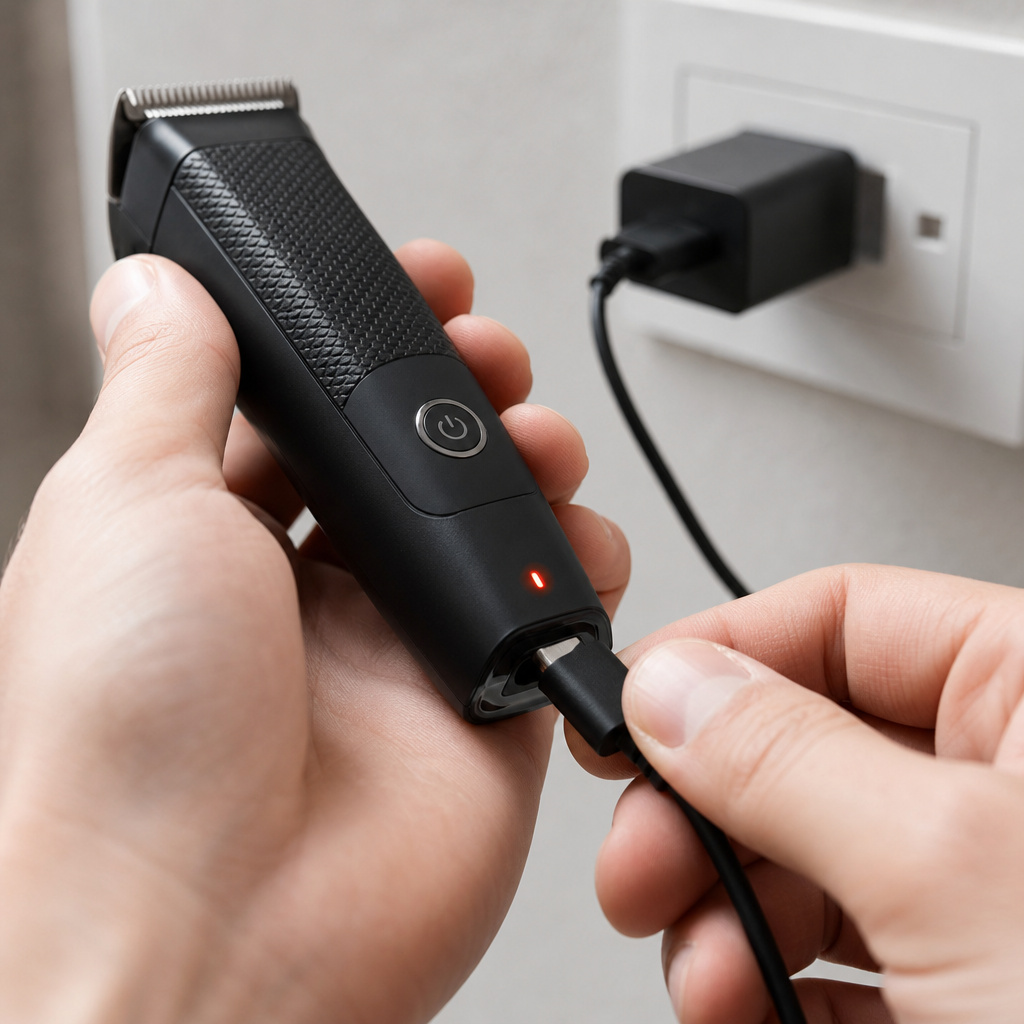 Charging a beard trimmer with a USB cable and wall adapter.