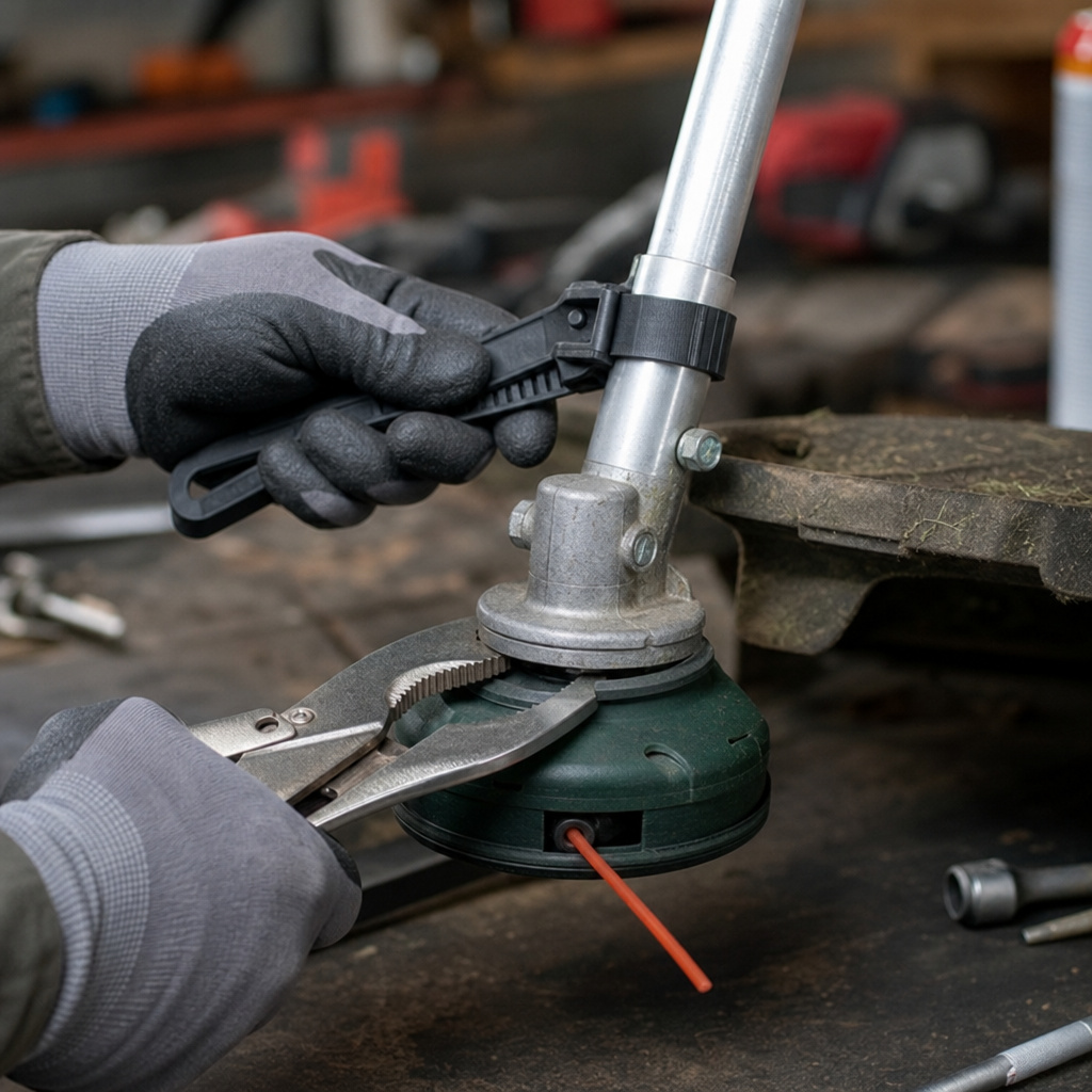 Using a strap wrench to remove a trimmer head without an allen key
