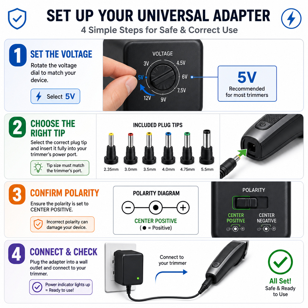 Steps to charge a hair trimmer using a universal DC power adapter safely.