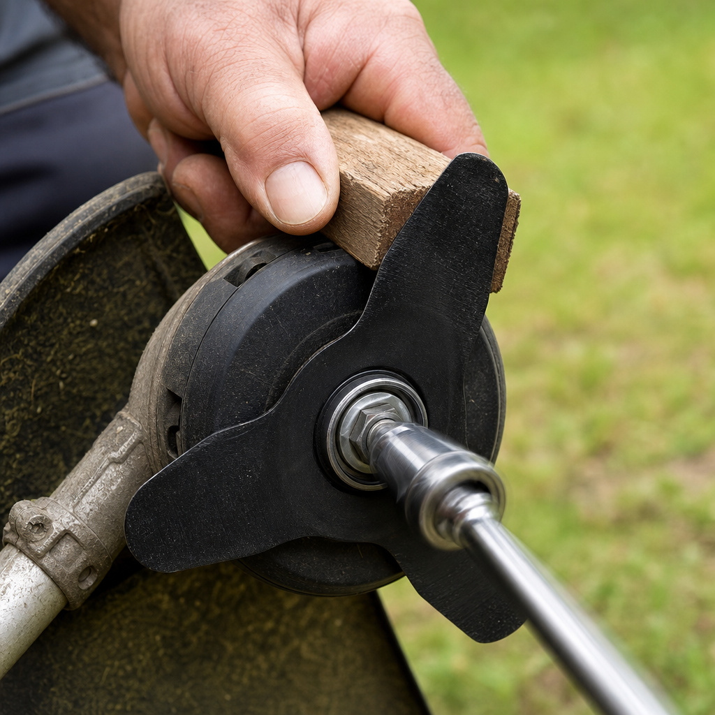 Using a wood block and wrench to remove a trimmer head without an allen key