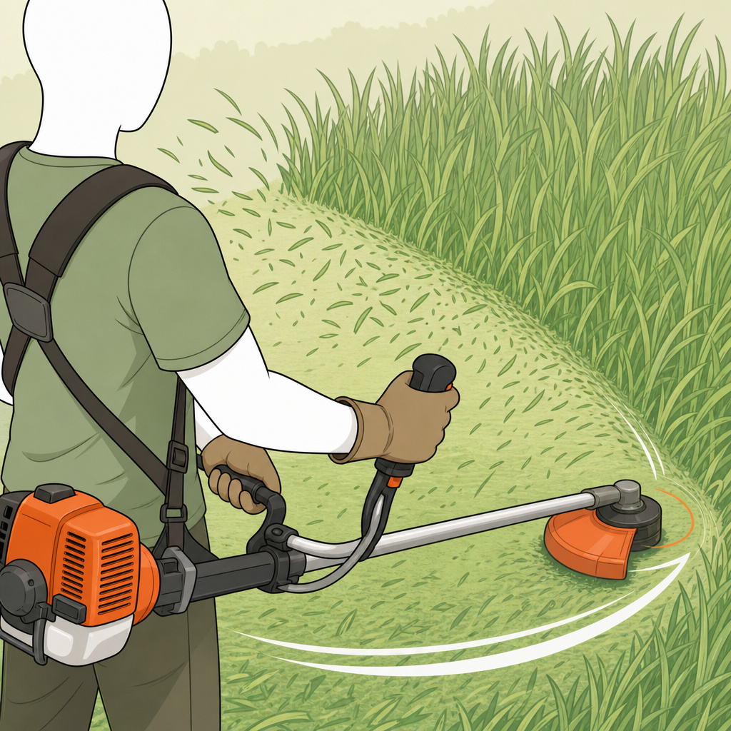 ** Cartoon illustration of proper string trimmer swinging technique for cutting a broad area.