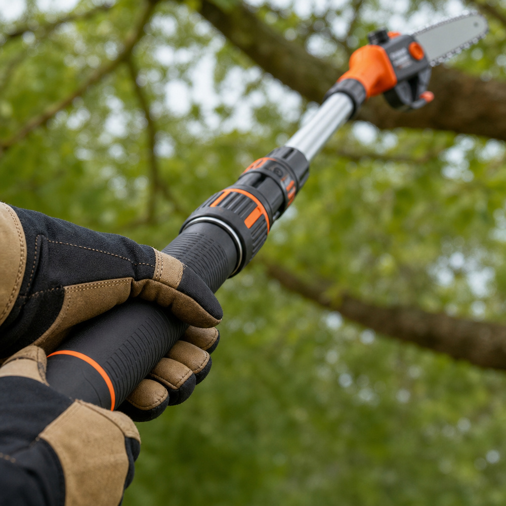 Close-up of hands gripping a telescopic pole saw's anti-vibration handle.