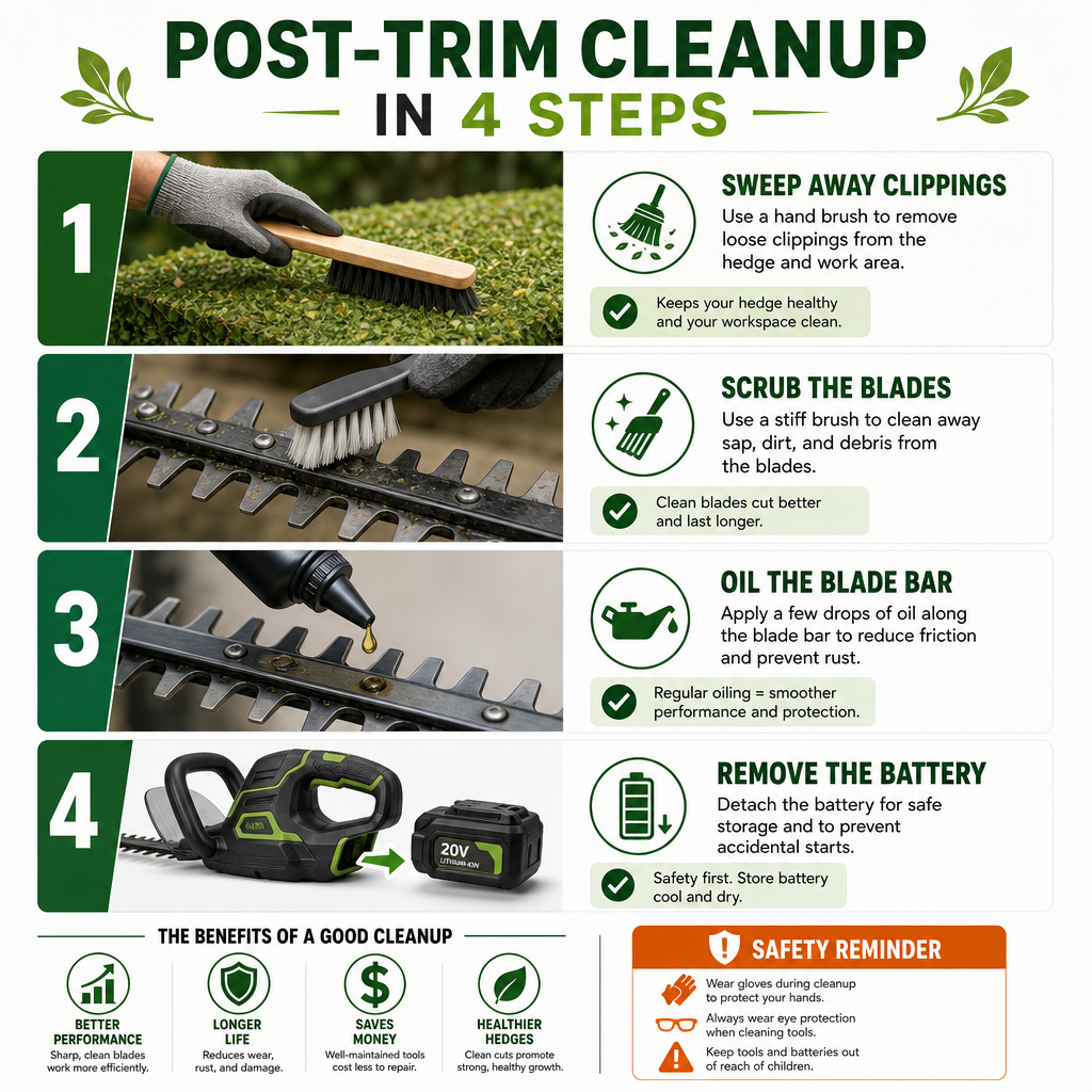 Four-step infographic for cleaning and maintaining a hedge trimmer after use.