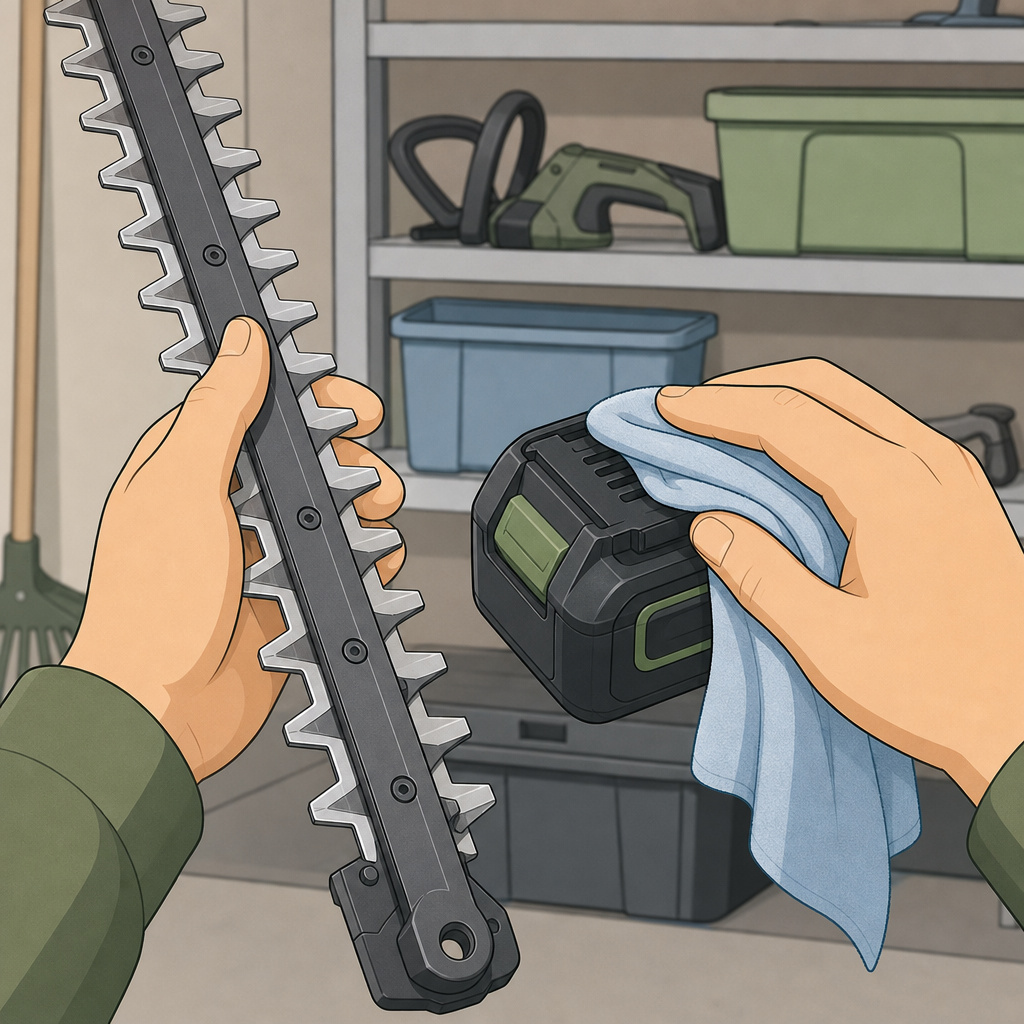 Cartoon of hands cleaning trimmer parts before seasonal storage