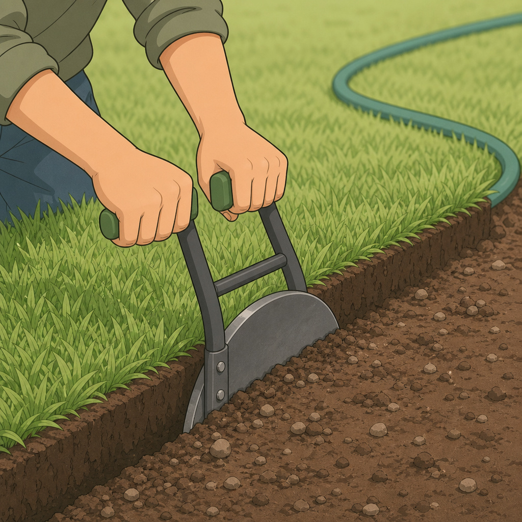 Manual grass edger creating a straight edge using a hose as a guide.