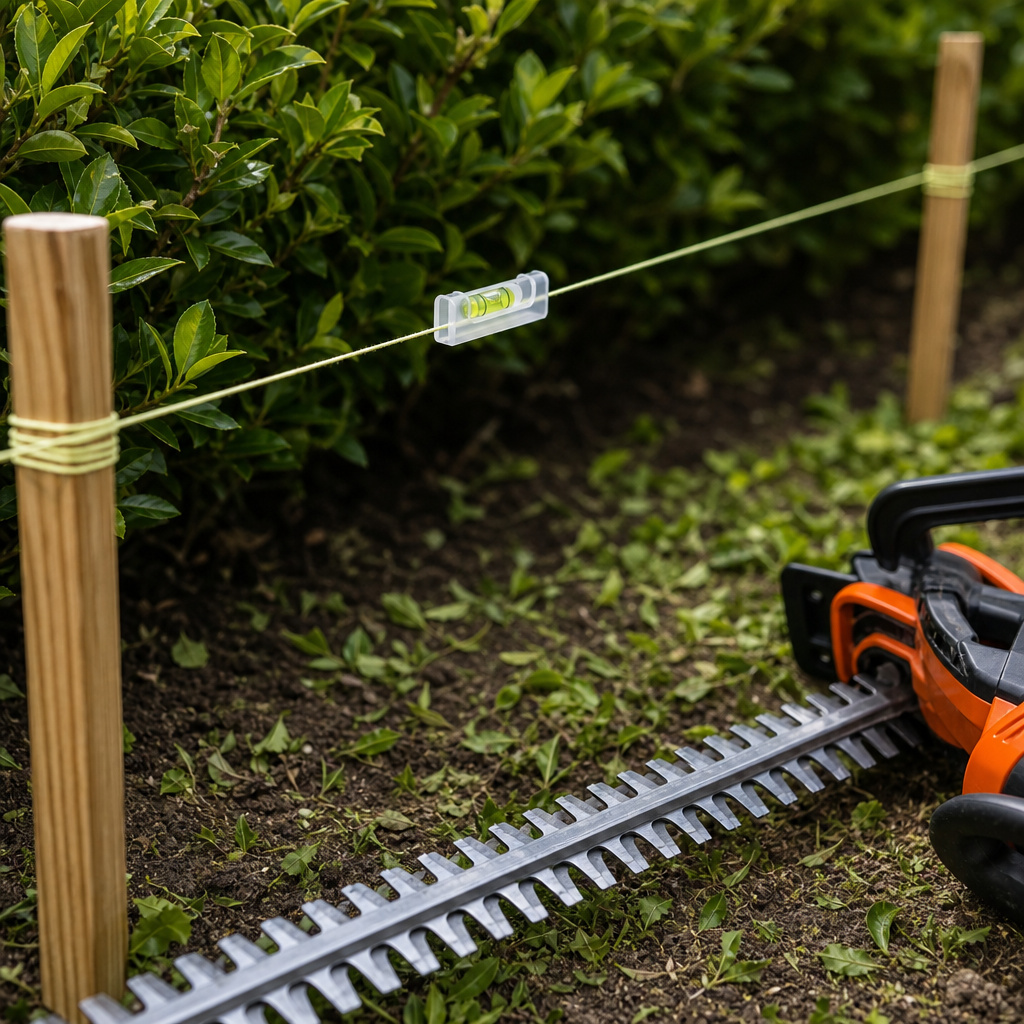 Setting a level guide string with stakes and line level for trimming shrubs.