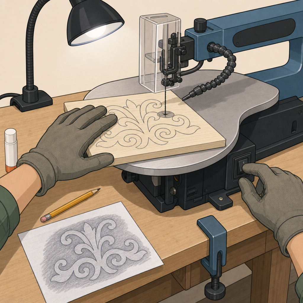 ** Scroll saw workspace setup with sturdy bench, proper lighting, pattern transfer, and wood preparation for accurate cutting.