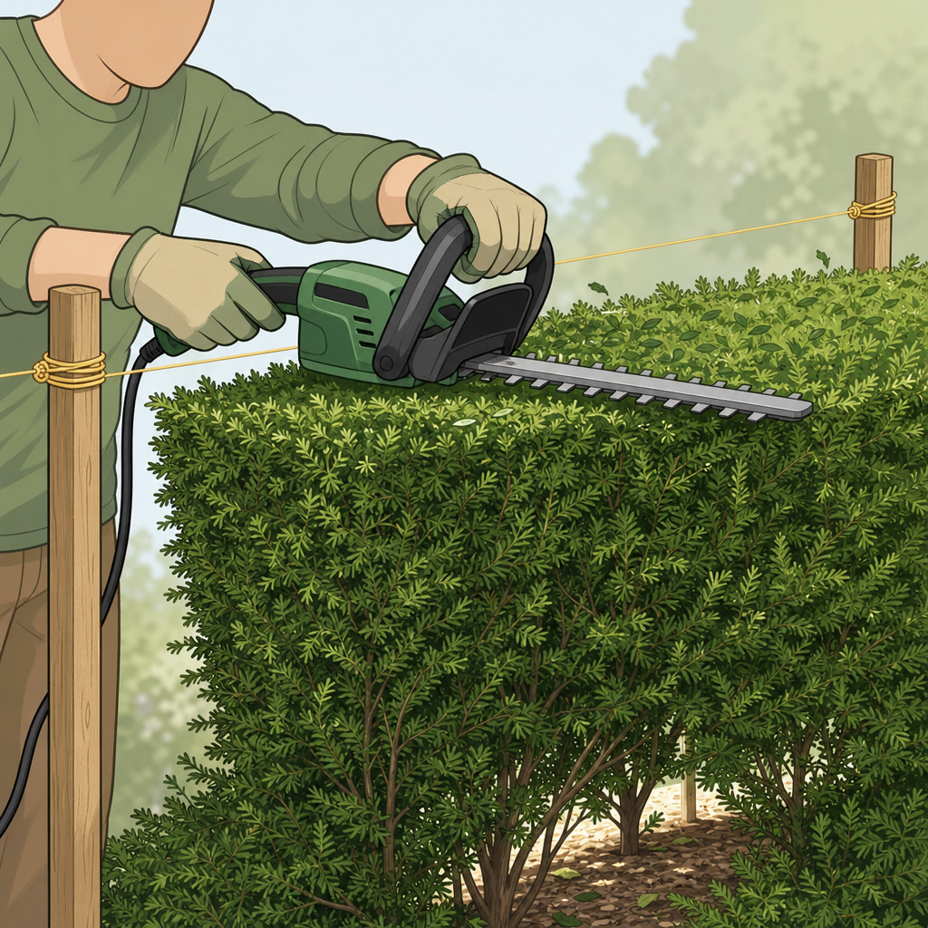 Using a string guide and electric trimmer to shape top and taper sides of evergreen bush.