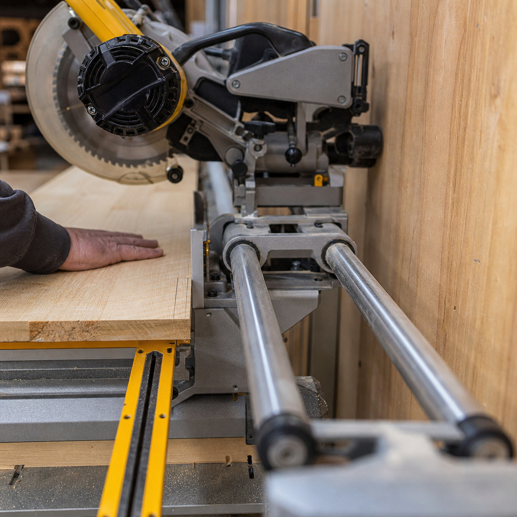 Sliding miter saw rear clearance and rail extension in a tight workshop.
