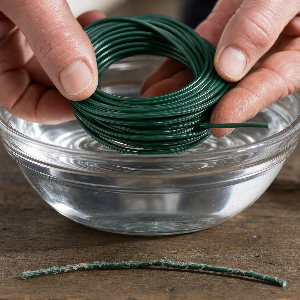 Close-up of soaking trimmer line to increase flexibility before use.